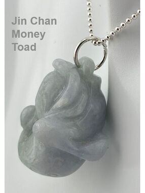 Jin Chan 3-legged Money Toad with Coin in Mouth Jade Pendant 20" Necklace 925